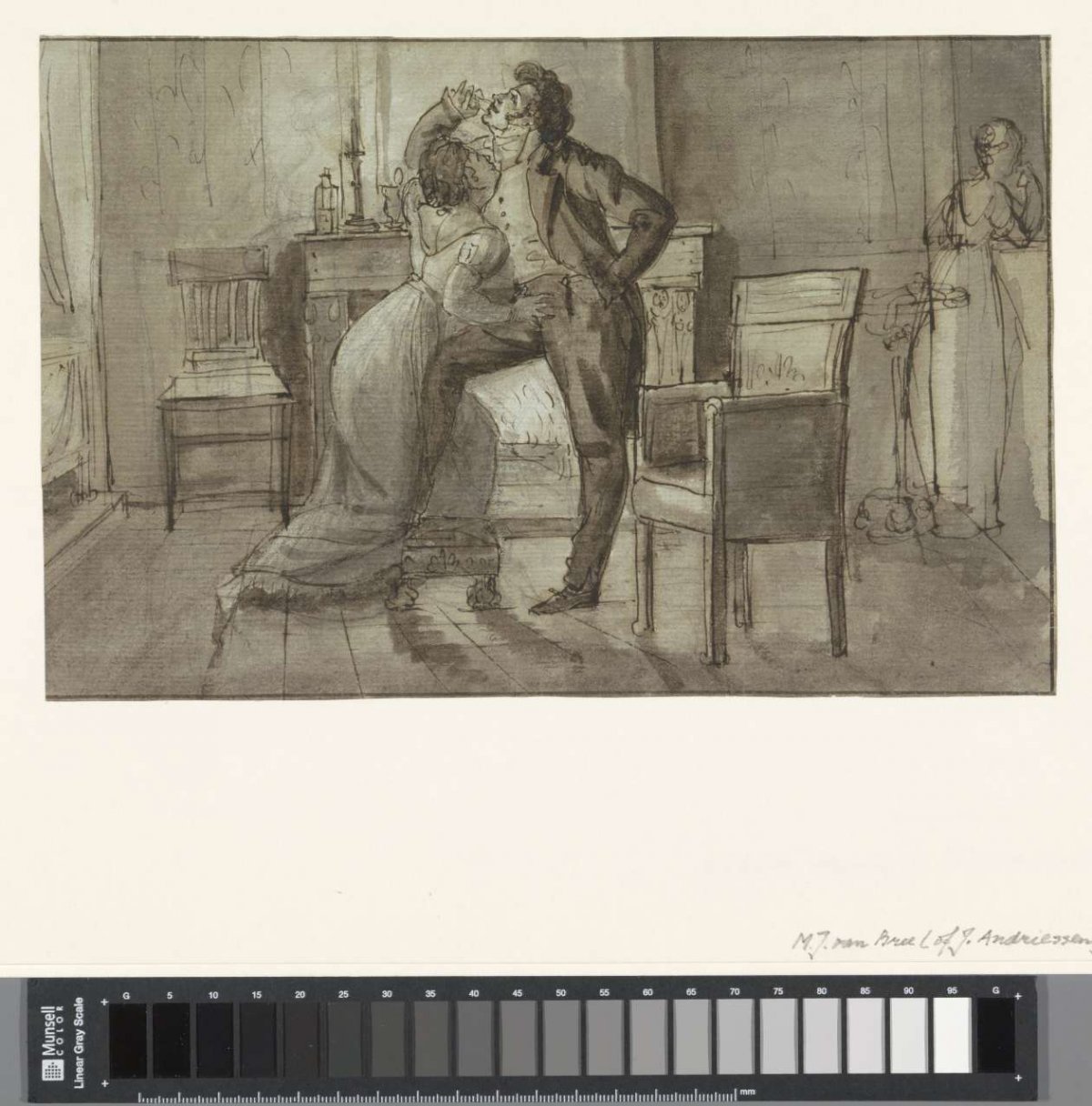 Couple making love in front of fireplace, spied by maid, Mattheus Ignatius van Bree, 1752 - 1839