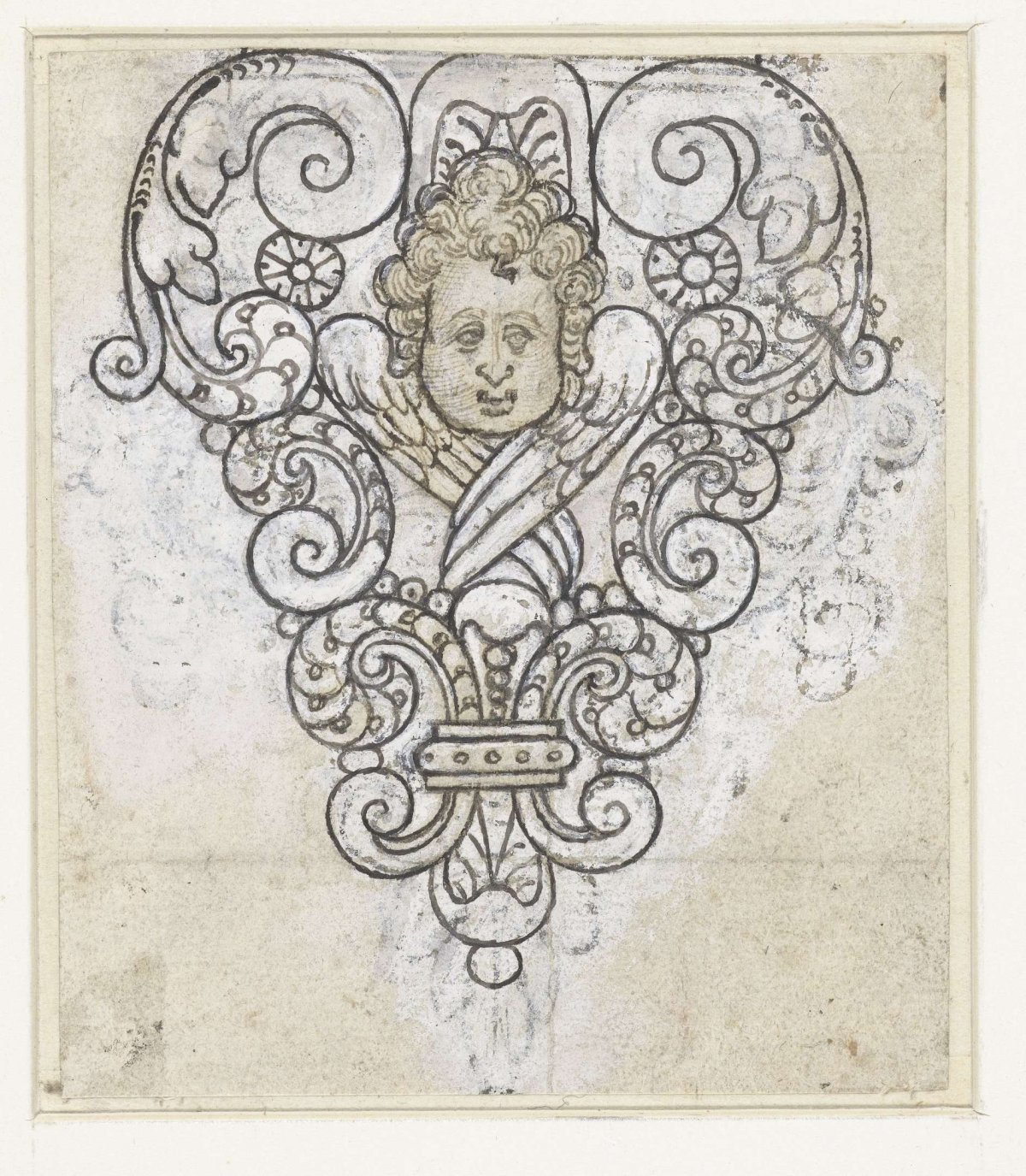 Angel head with crossed wings amid volutes, anonymous, 1600 - 1699