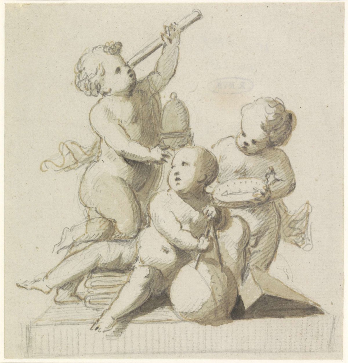 Decorative design of putti with astronomical instruments, anonymous, 1700 - 1800