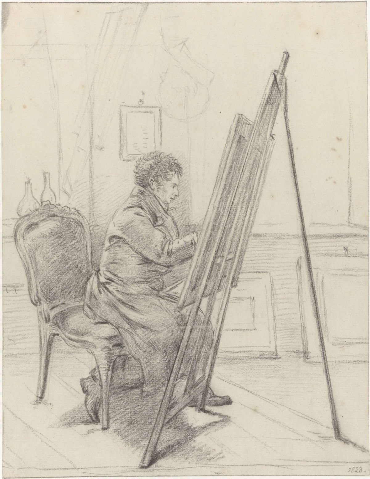 Portrait of Gerrit Jan Michaëlis, sitting in front of easel in his studio, Jean Bernard, 1823