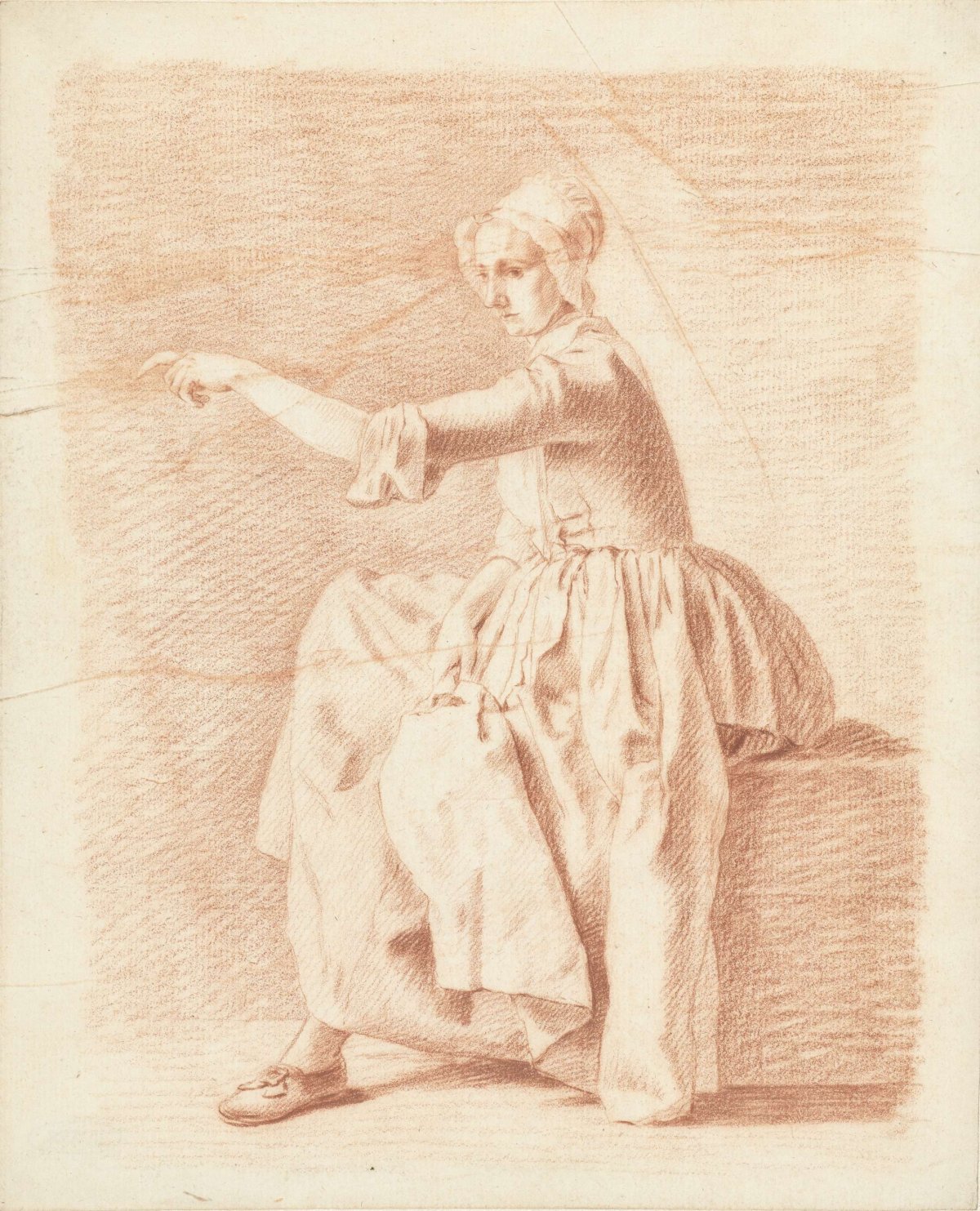 Seated woman on a coffin, pointing left, anonymous, 1700 - 1800