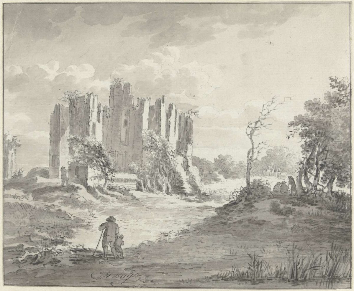 Landscape with ruins and some farmers, G.F. Buijs, c. 1700 - c. 1800