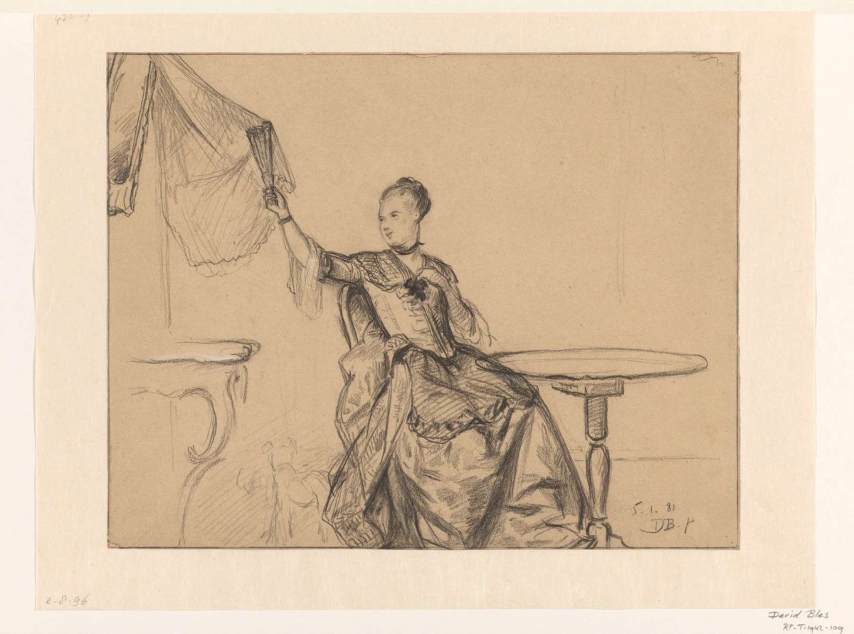 Seated woman at round table lifts curtain with fan, David Bles, 1881