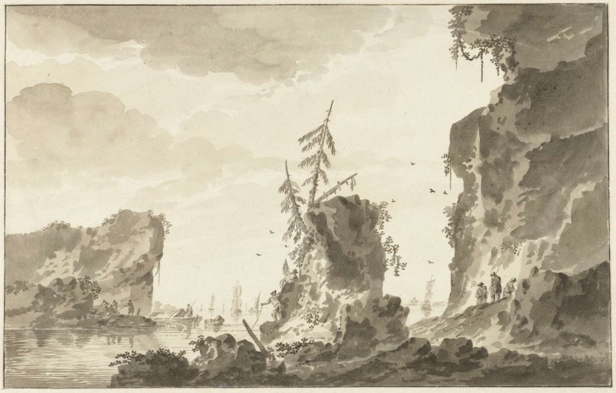 Rocky coast with ships and fishermen, Dirk Kuipers, 1775