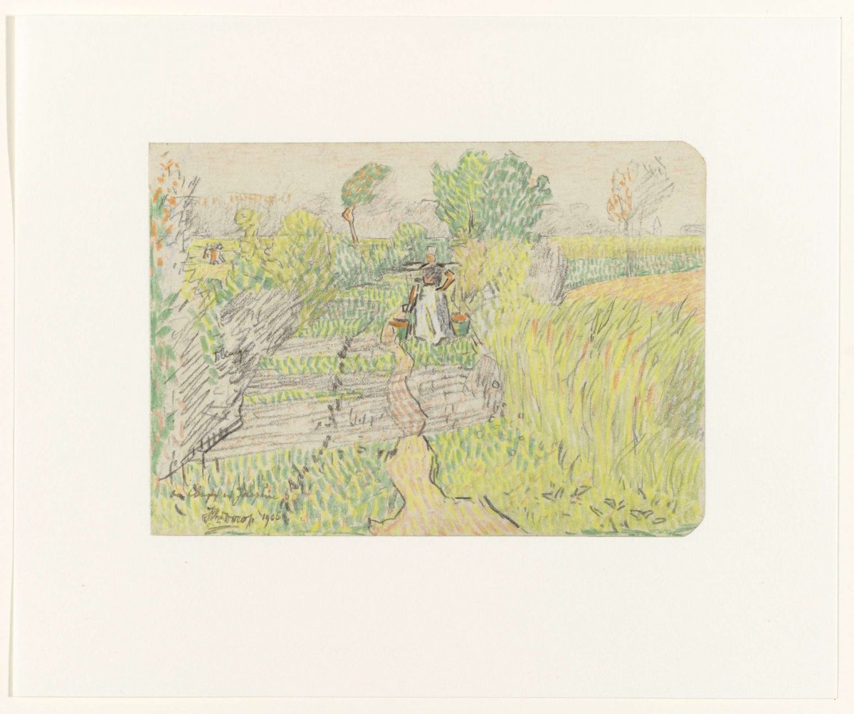 Peasant woman with yoke with milk buckets on shoulders, walking through a cornfield, Jan Toorop, 1906
