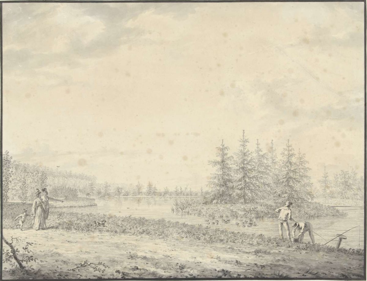 Park landscape with hikers and anglers, anonymous, 1700 - 1800