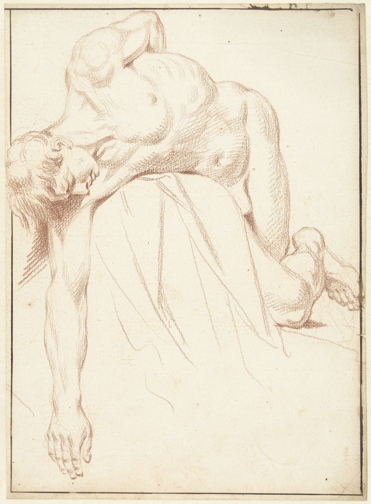 Study of male nude, lying on side over a block, Louis Fabritius Dubourg, 1703 - 1775