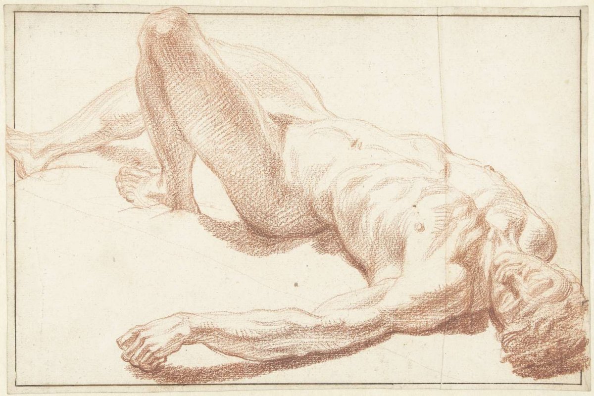 Study of male nude, lying on back, with leg extended, Louis Fabritius Dubourg, 1703 - 1775