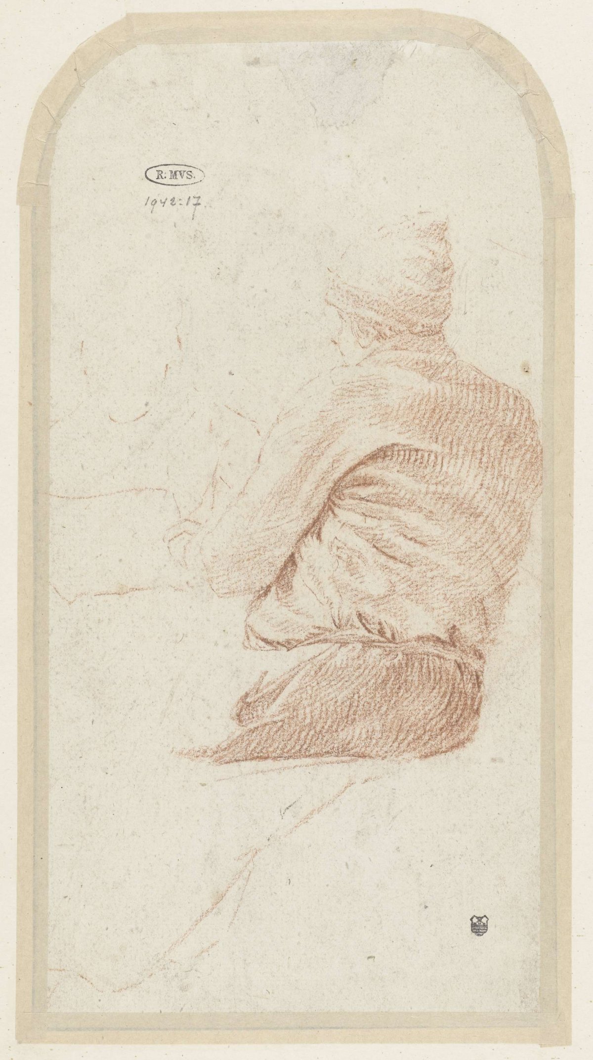 Seated man with hat seen from back, anonymous, 1700 - 1800