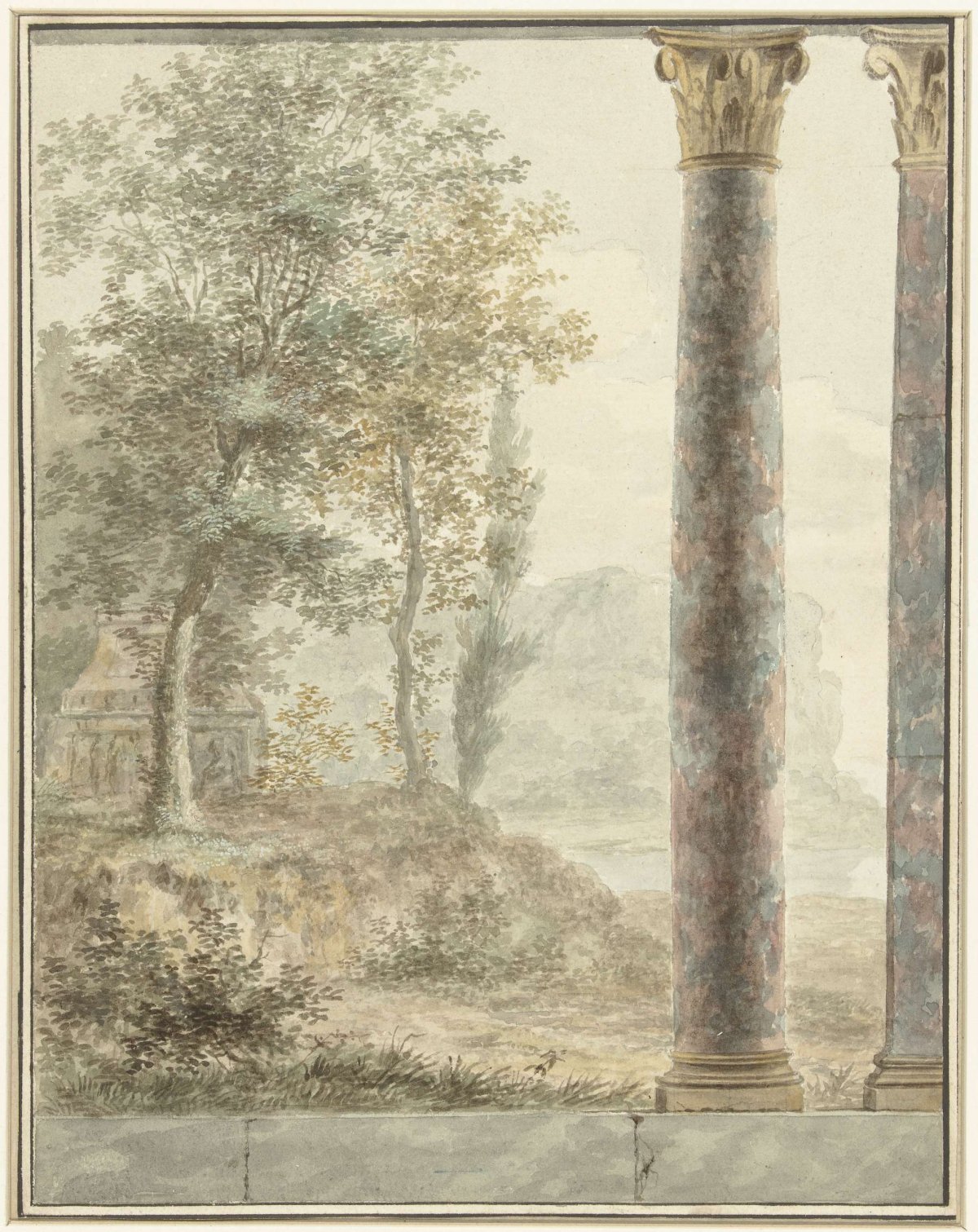 Design for room painting showing landscape with fragment of antique structure, anonymous, 1700 - 1800