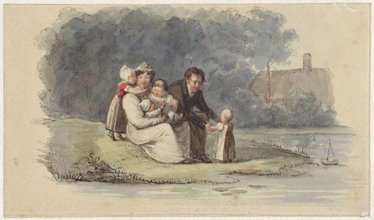 Family sitting by the water, Christiaan Julius Lodewijk Portman, 1828