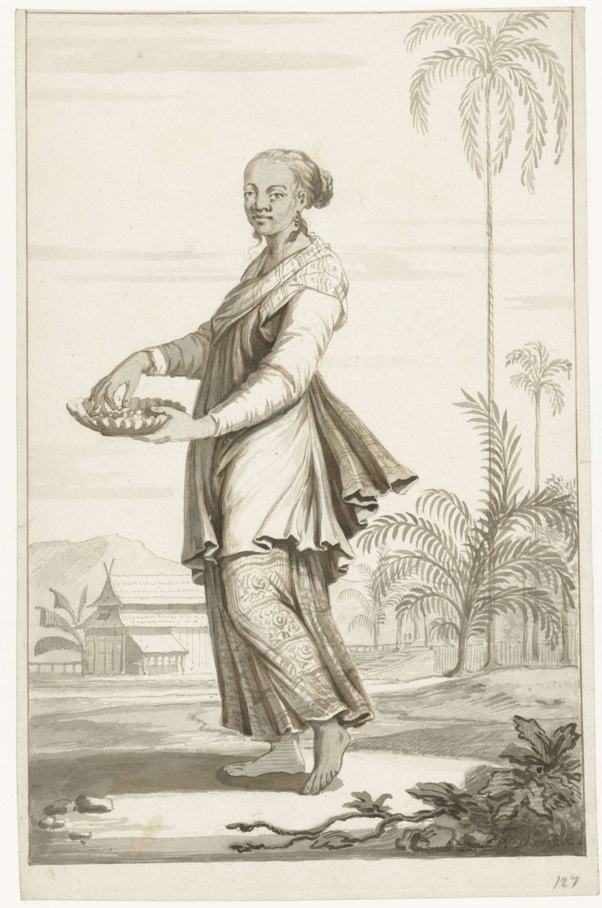 Standing woman with fruit bowl, Francoys Dancx, 1676 - 1682