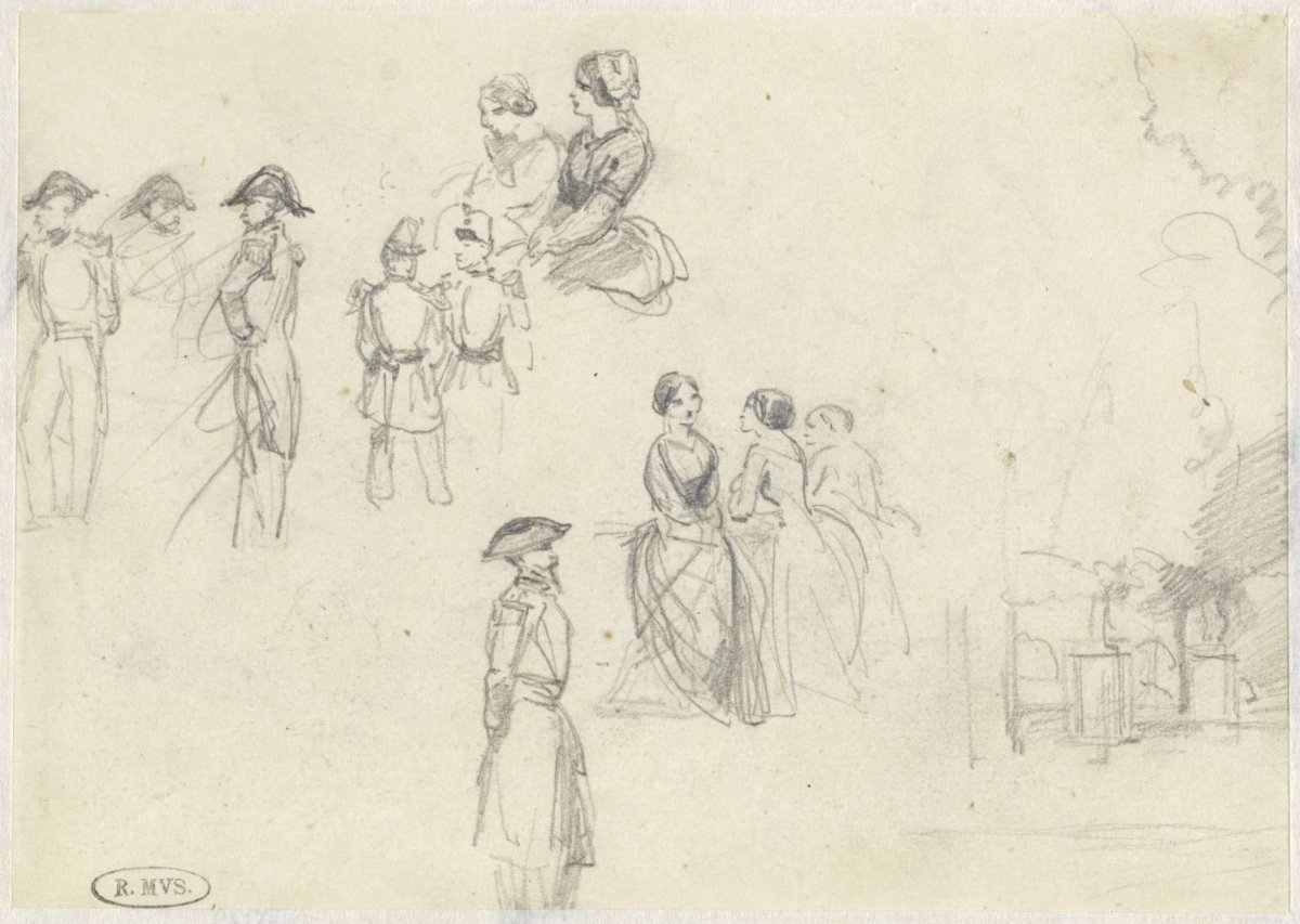 Study sheet with sketches of soldiers and women in groups together, Charles Rochussen, 1824 - 1894