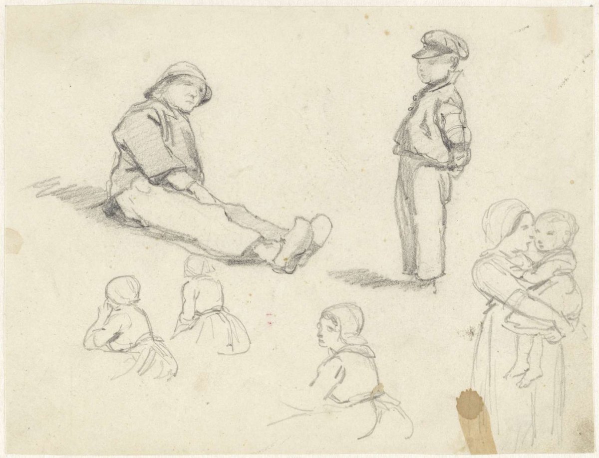 Study sheet with sketches of Scheveningen fishing types, Charles Rochussen, 1824 - 1894