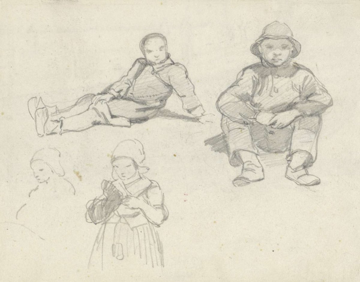 Sketch sheet showing two seated Scheveningen fishing boys, standing a girl half-side down, Charles Rochussen, 1824 - 1894