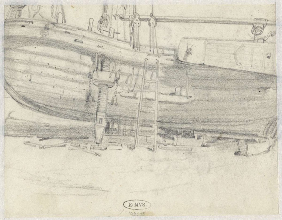 Hull of a sailing vessel being refurbished, Charles Rochussen, 1824 - 1894