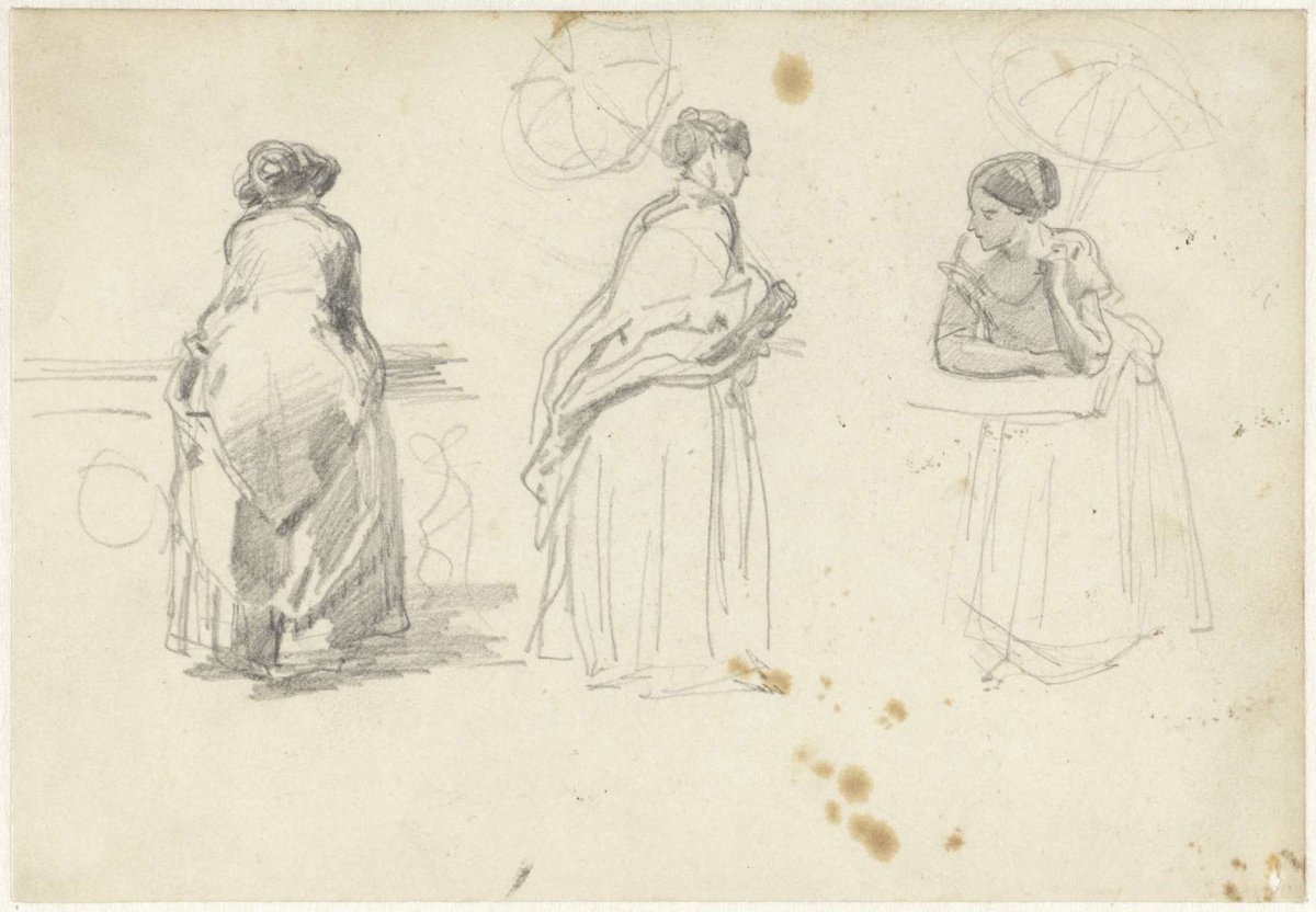 Sketch sheet with three studies of a woman with a parasol, Charles Rochussen, 1824 - 1894