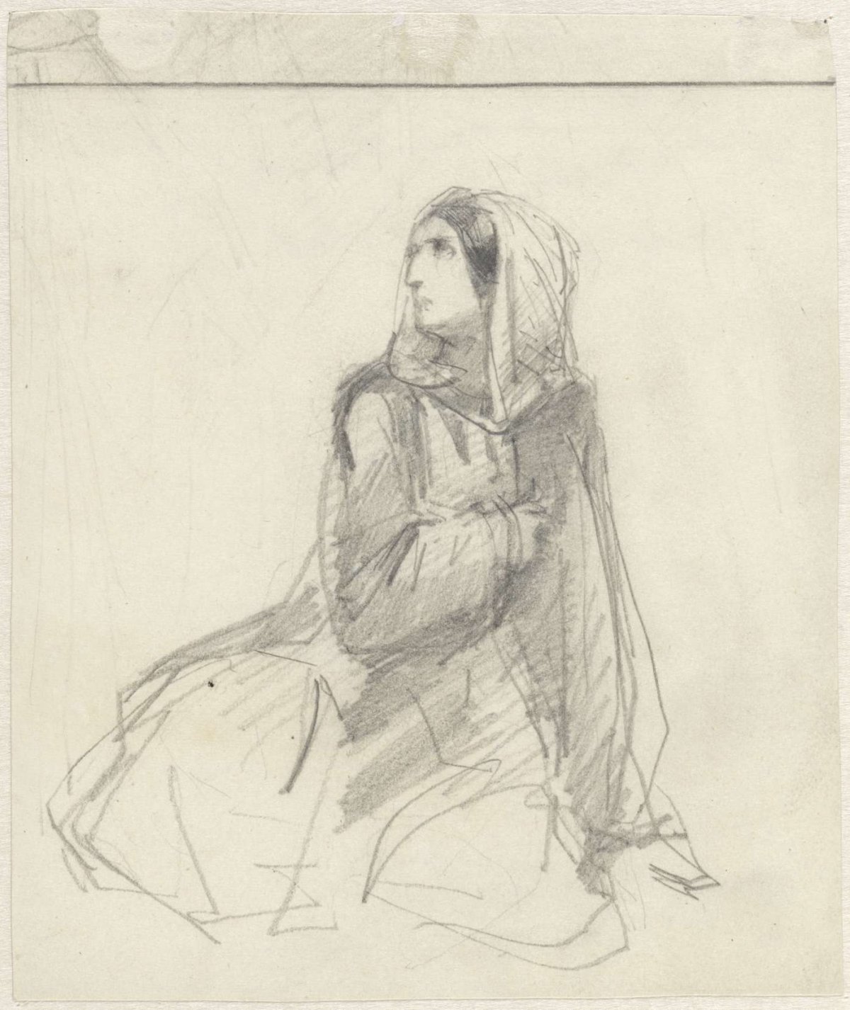 Sketch of a woman, with a cloth over the head, Charles Rochussen, 1824 - 1894