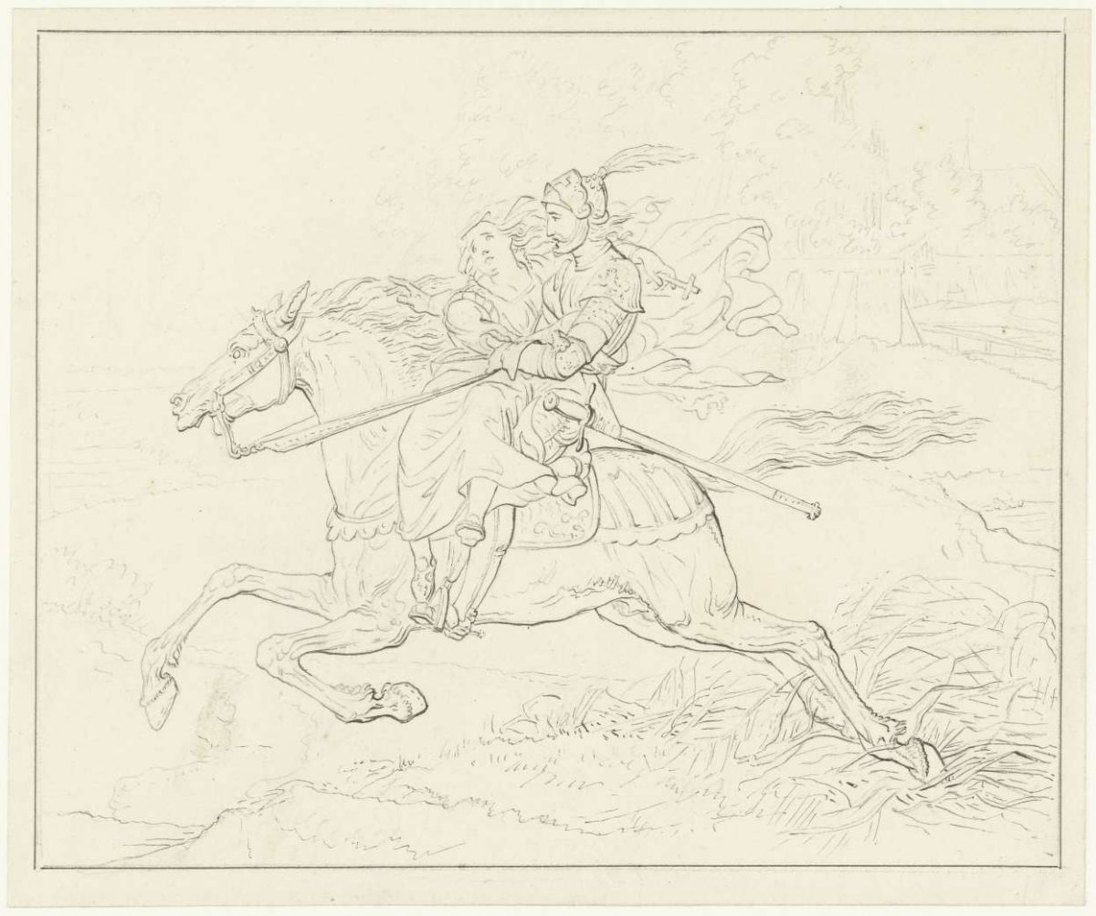 Knight with a woman on horseback, Louis Moritz, 1773 - 1850