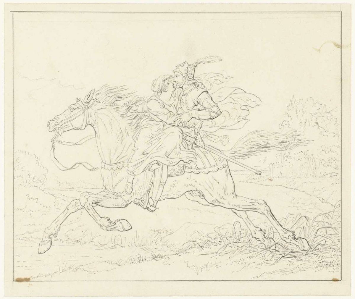 Knight with a woman on horseback, Louis Moritz, 1783 - 1850