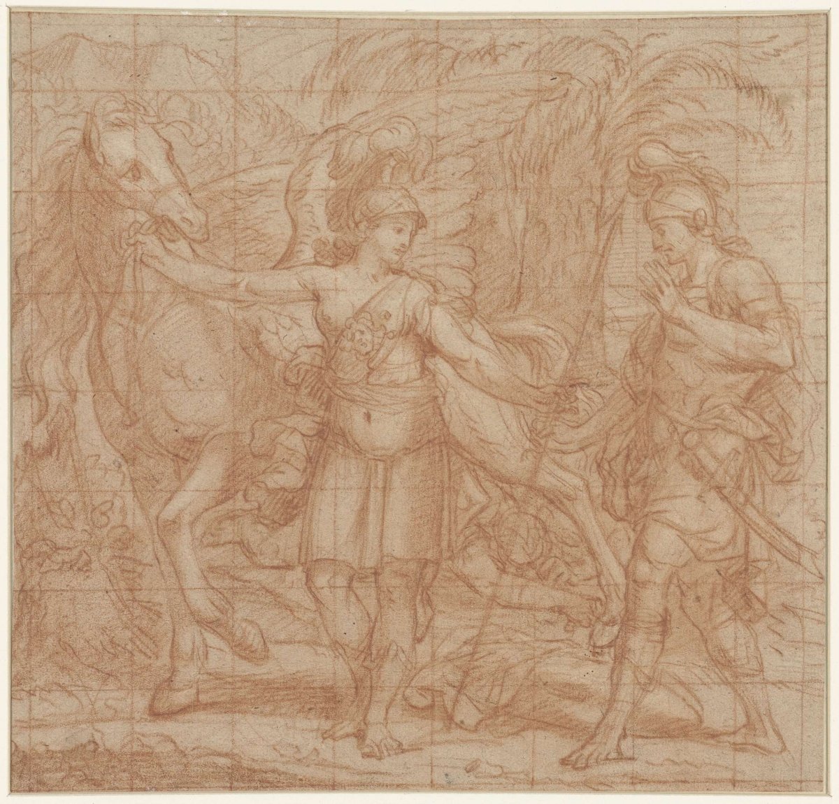 Mythological representation with Minerva (?) and Pegasus (?), anonymous, 1600 - 1699