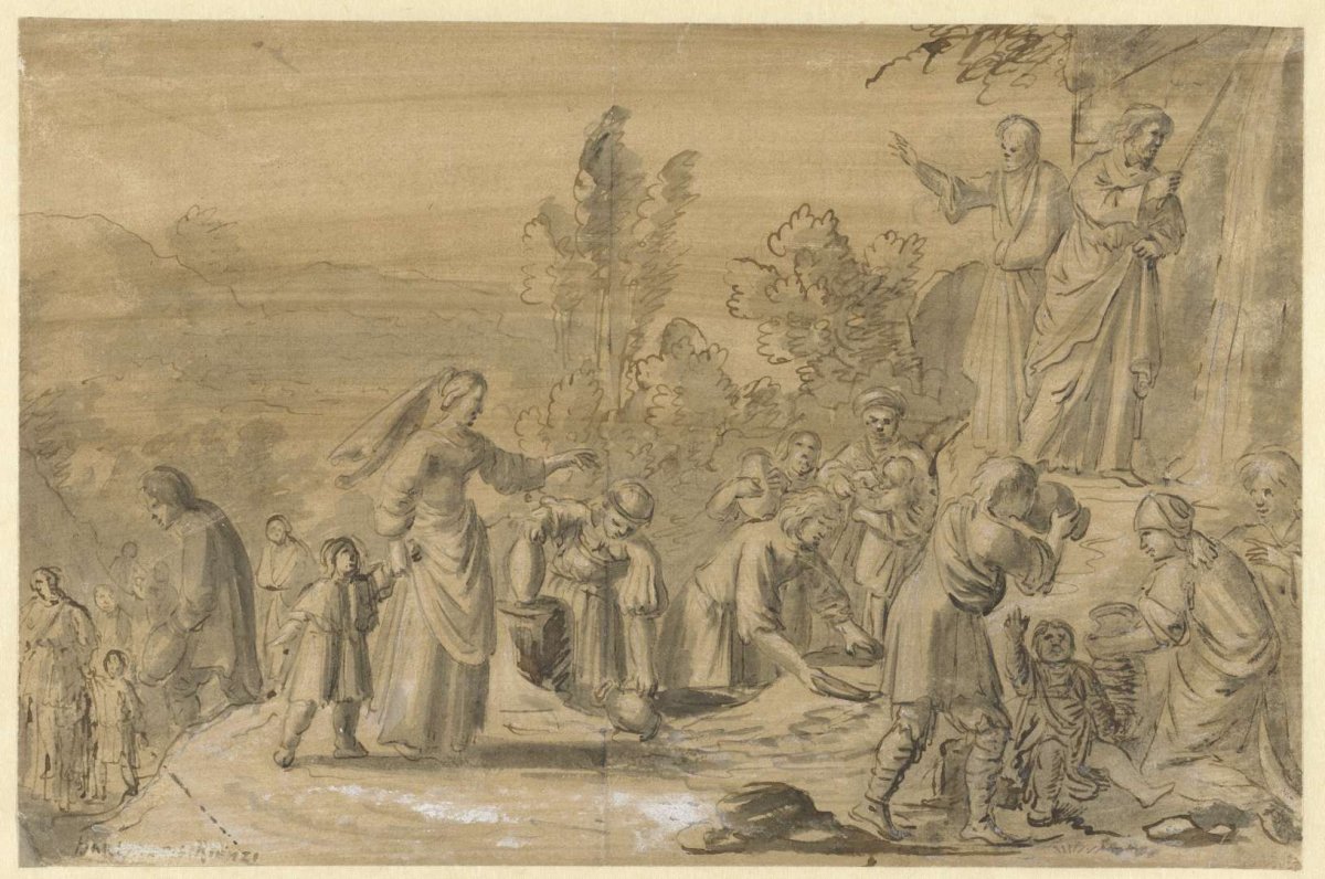 Moses beats water from the rock, anonymous, 1600 - 1699