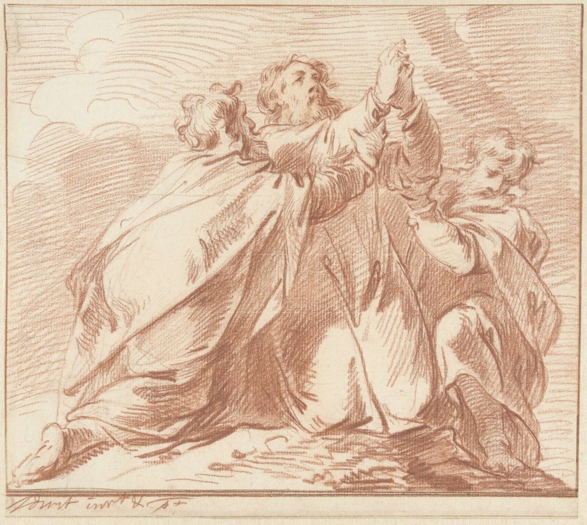 Aaron and Hur prop up Moses' hands during the people of Israel's battle against the Amalekites, Jacob de Wit, c. 1705 - c. 1754