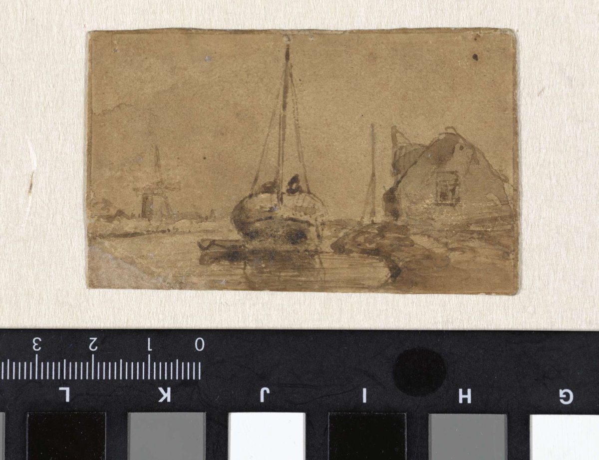 Fishing barge in a canal, seen from behind, Johan Barthold Jongkind, 1829 - 1891