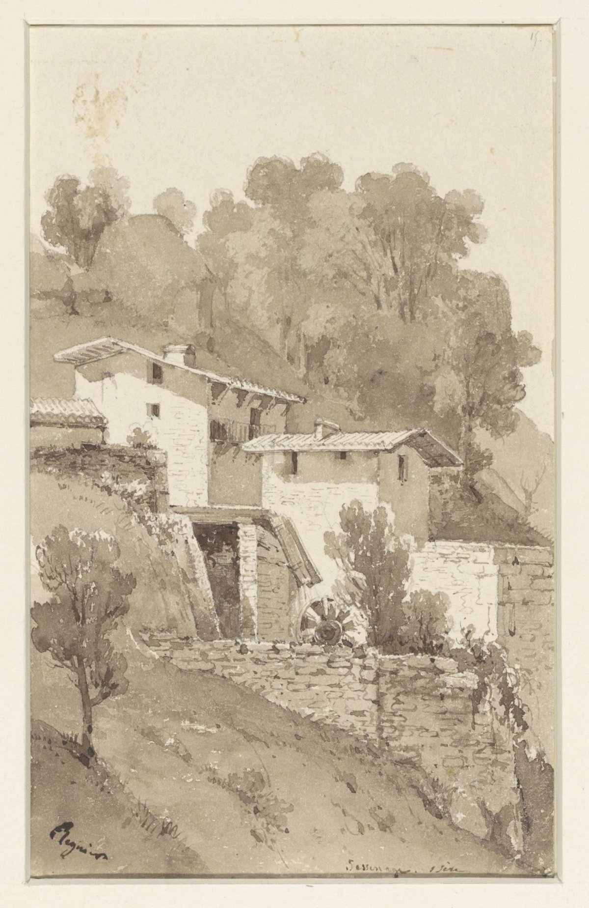 Water mill against a mountain ridge, A Regnier (nthony?), 1832 - 1842