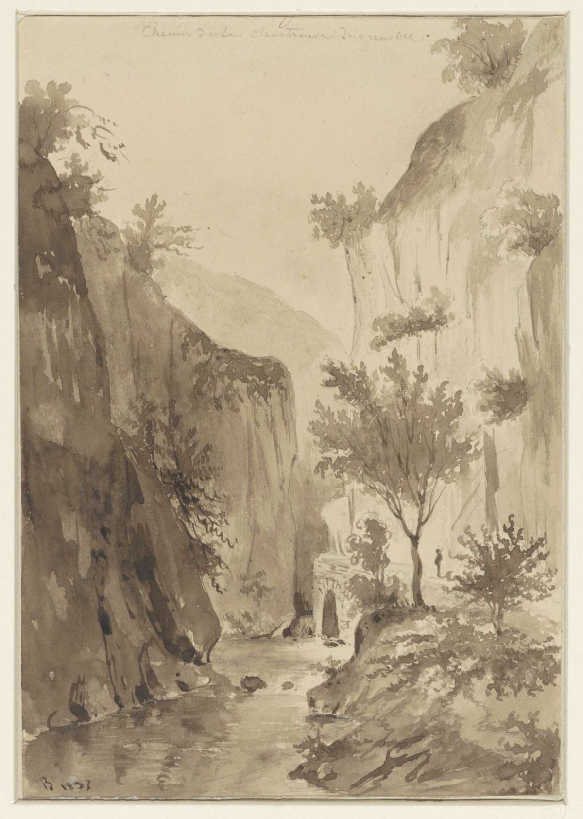 River between overgrown rocks; a road on the right, A Regnier (nthony?), 1837