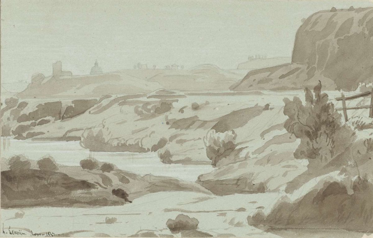 View in the Roman Campagna with a river in the foreground, Felix Hippolyte Lanoüe, 1843