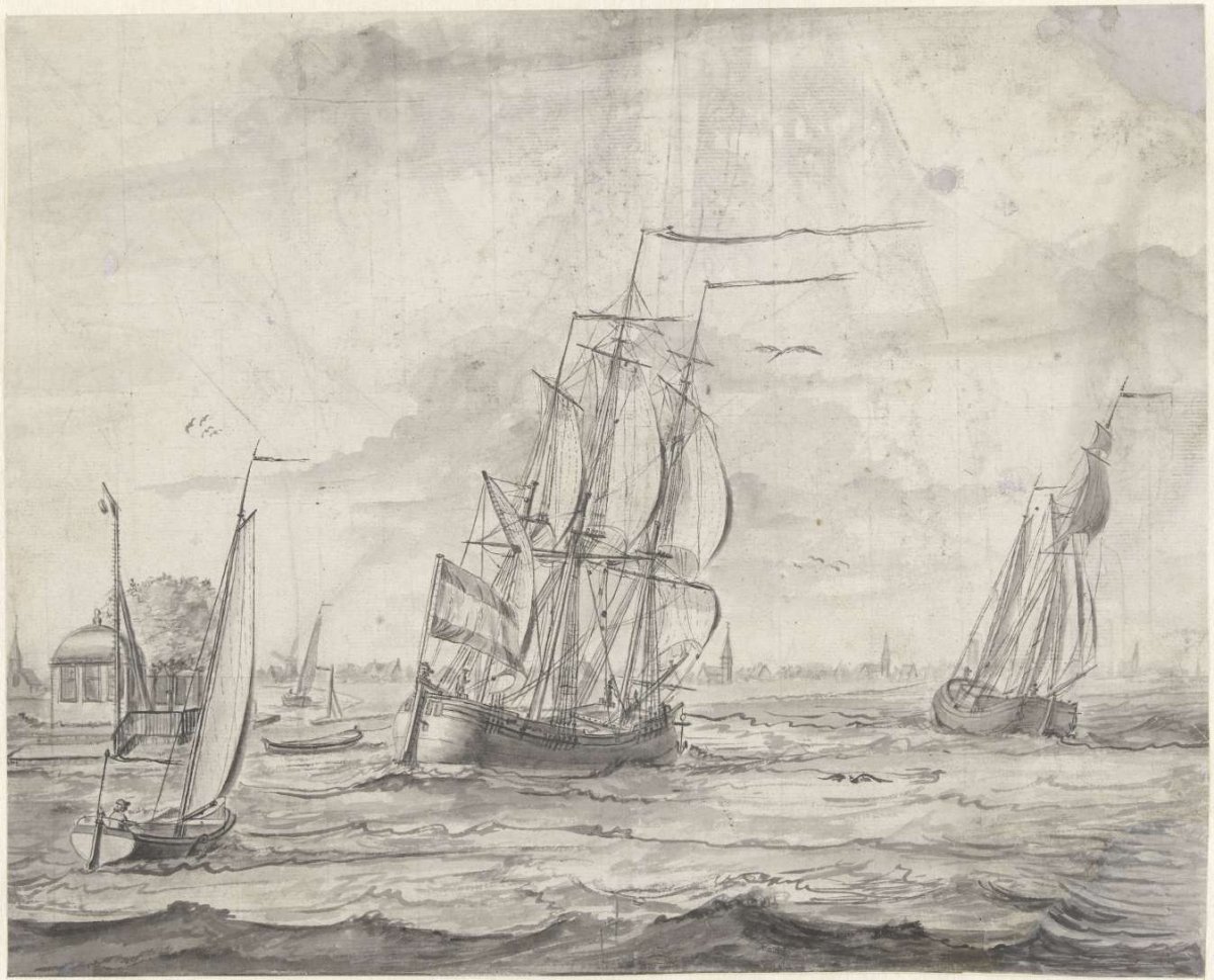 Inland water with ships, a town in the distance, Pieter Idserts, 1708 - 1781