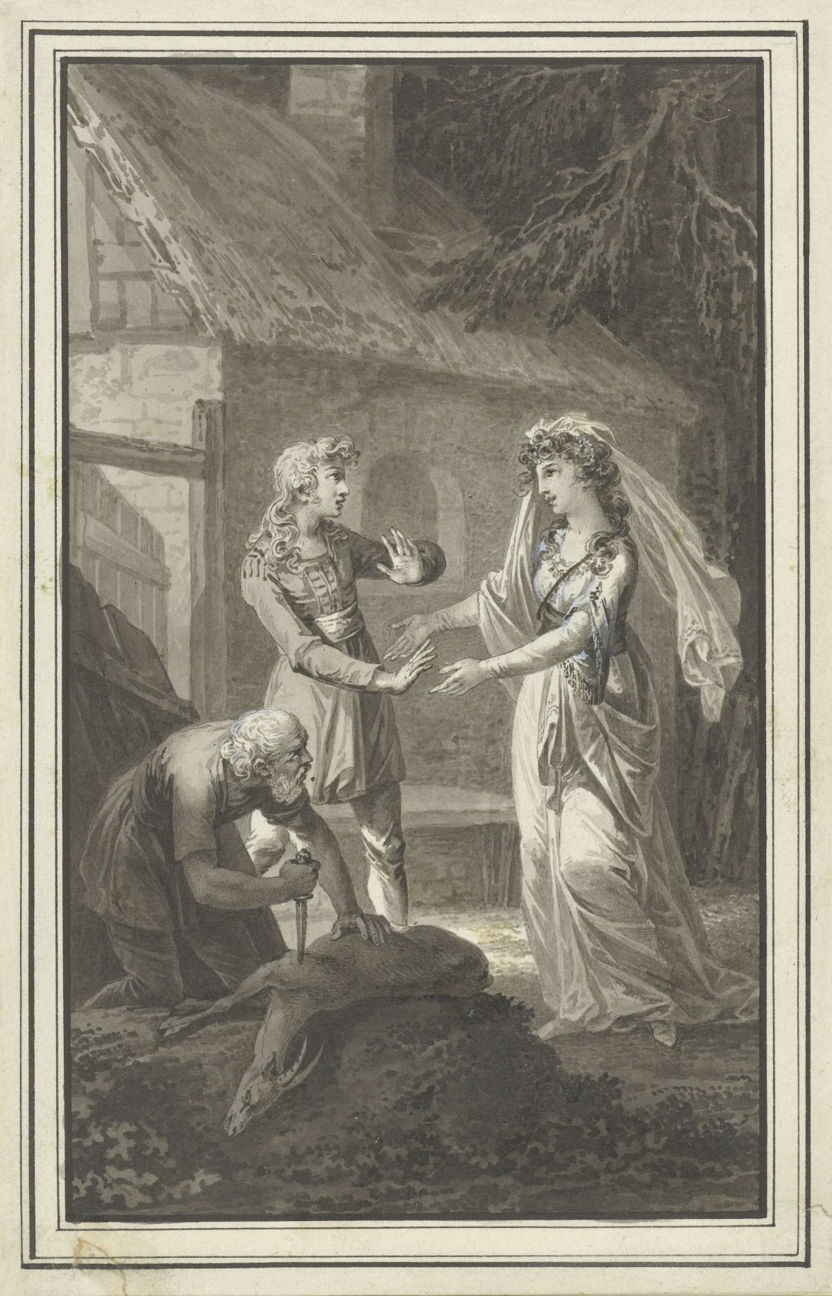 Young couple and old man with dead buck, anonymous, 1700 - 1800