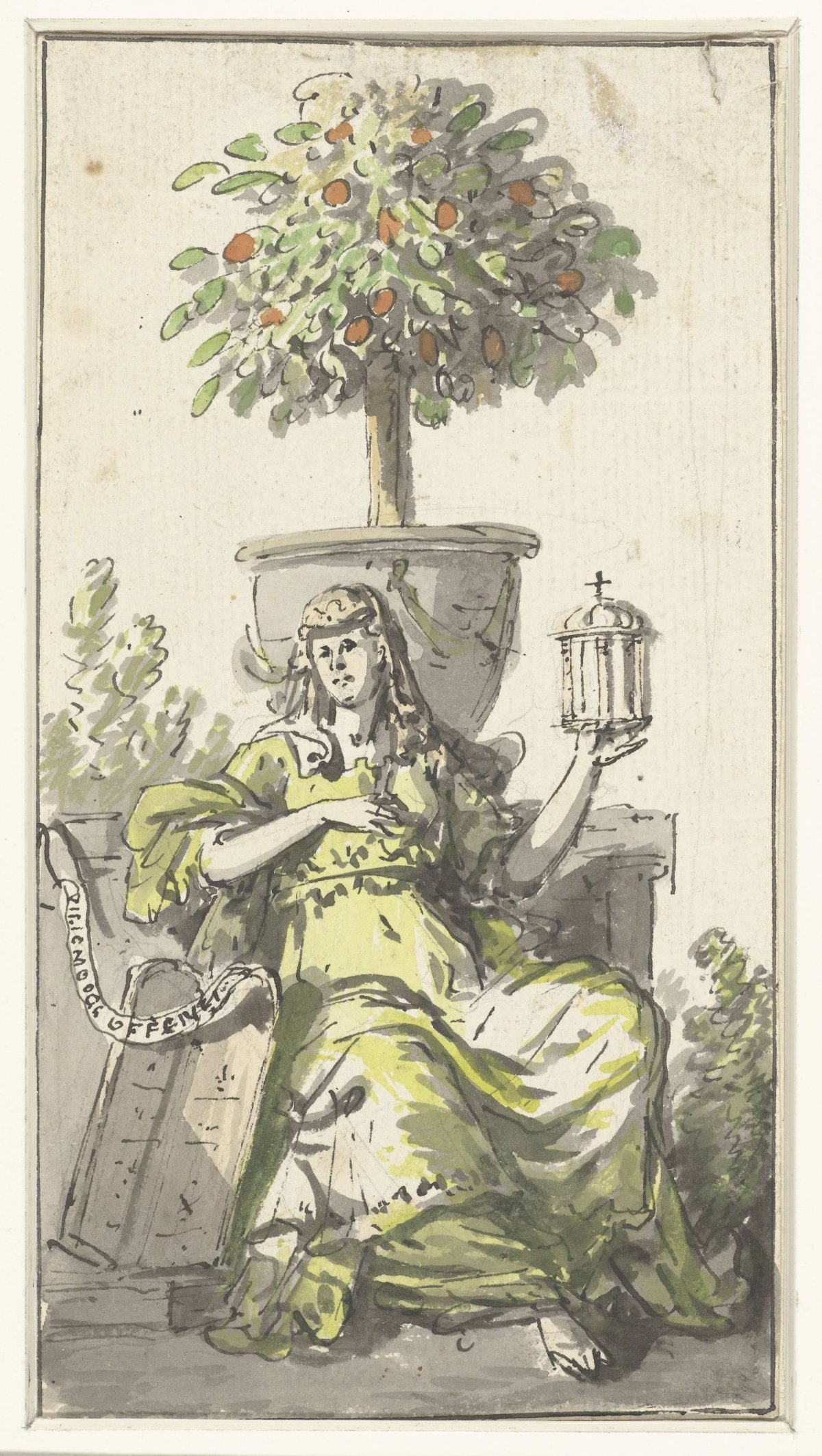 Design for a title page showing a woman holding a monstrance, Abraham van Strij (I), 1763 - 1826