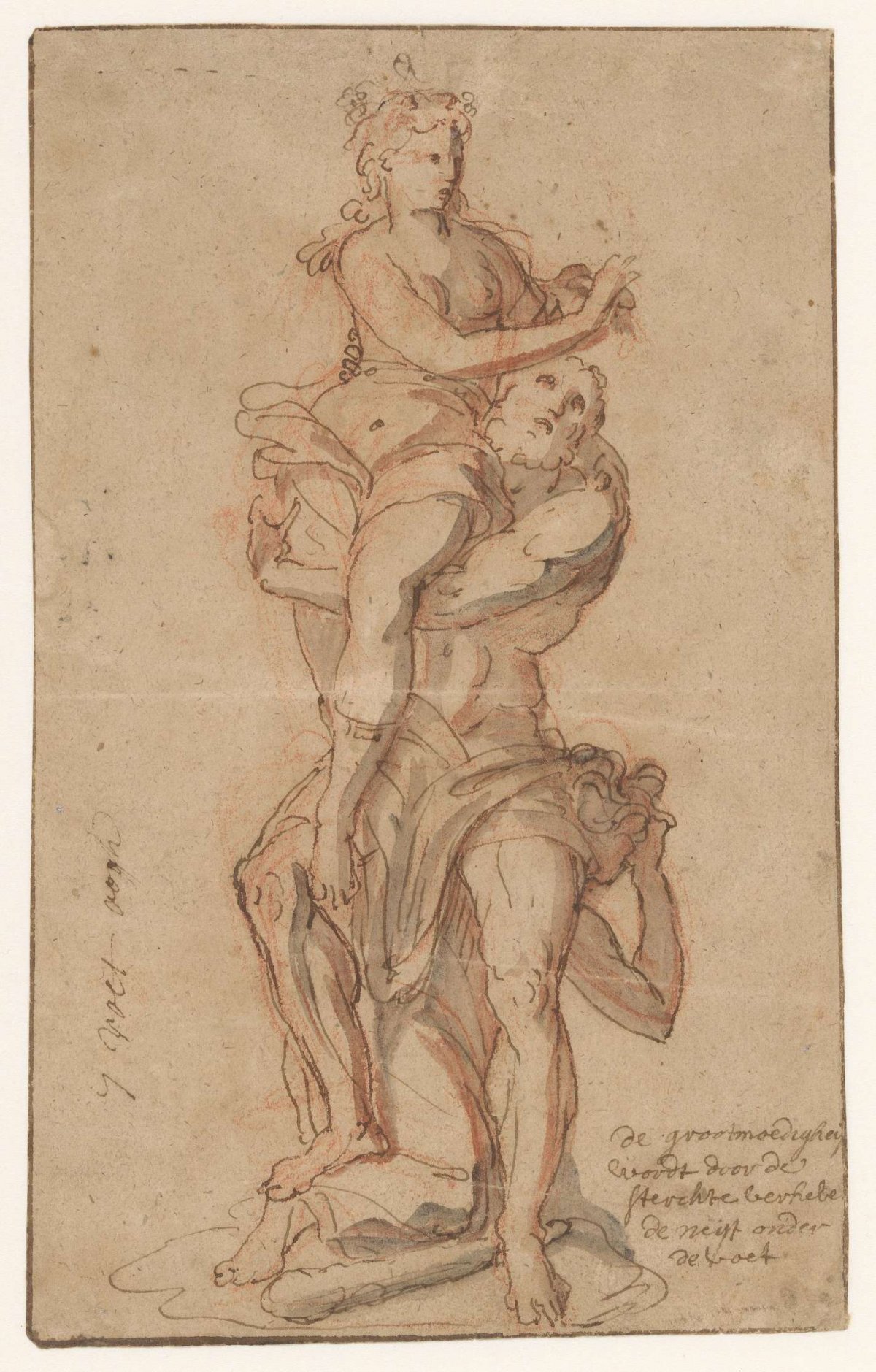 Design for a sculpture group featuring the personifications of Generosity, Strength and Envy, anonymous, 1600 - 1699