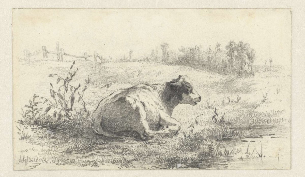 Reclining cow in landscape, Gerard Bilders, 1848 - 1865