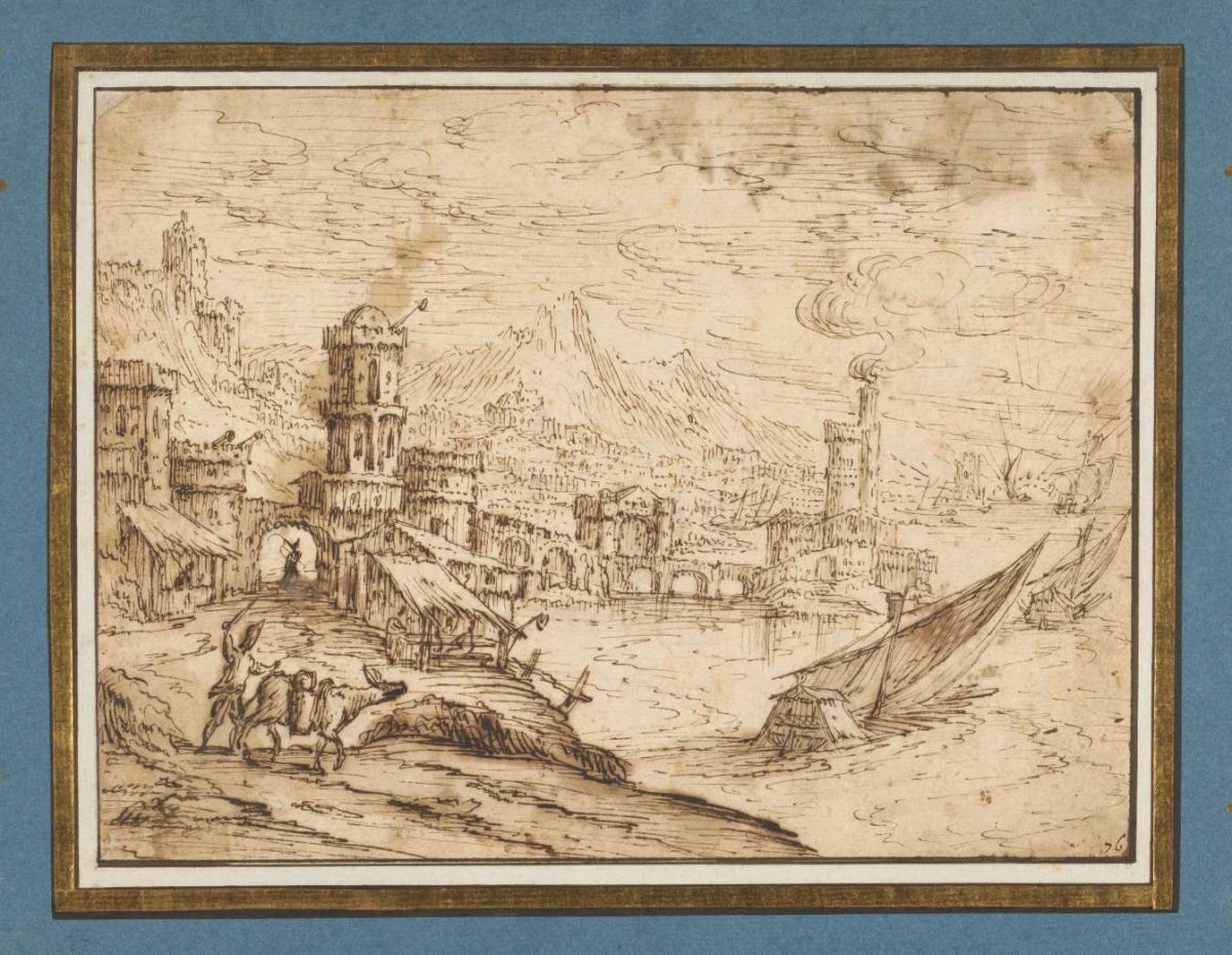 City on a bay; galleys sailing out on the right, Tobias Verhaecht, 1620 - 1631