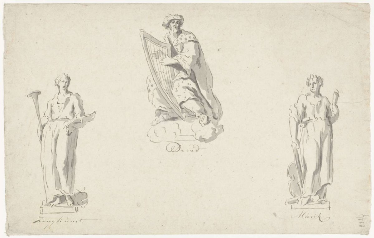 Three designs for organ figures: Singing, David and Music, Anthony Ziesenis, 1741 - 1801
