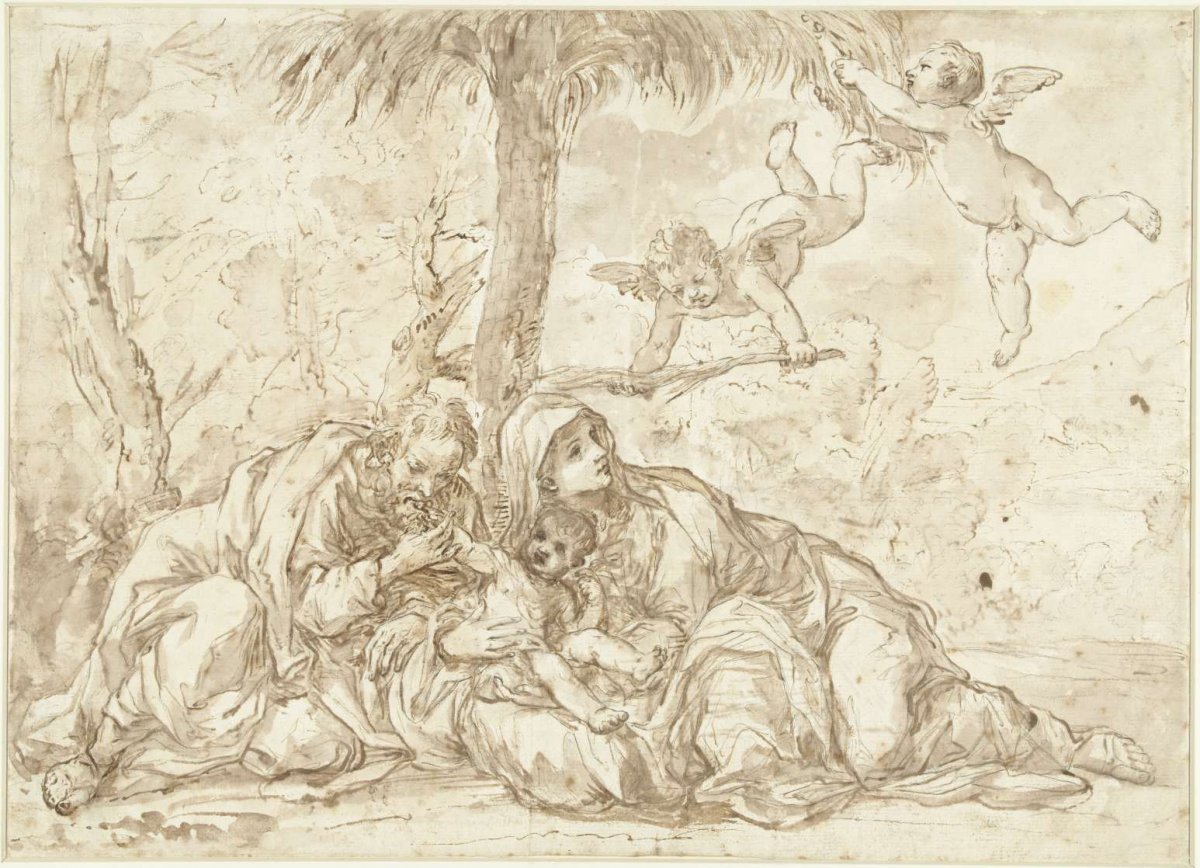 Holy Family resting under a palm tree, anonymous, 1600 - 1699