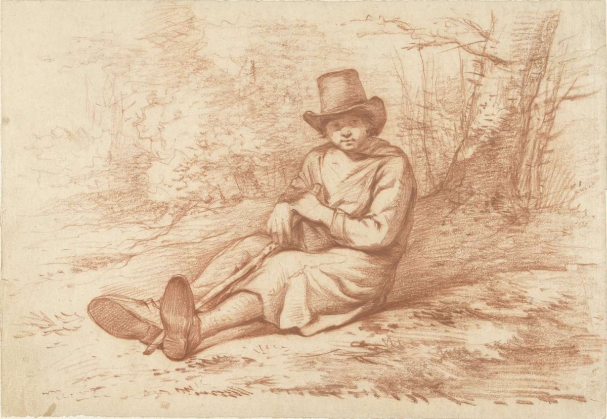 Seated boy with hat and cane, near a tree, Abraham Johannes Ruytenschildt, 1816