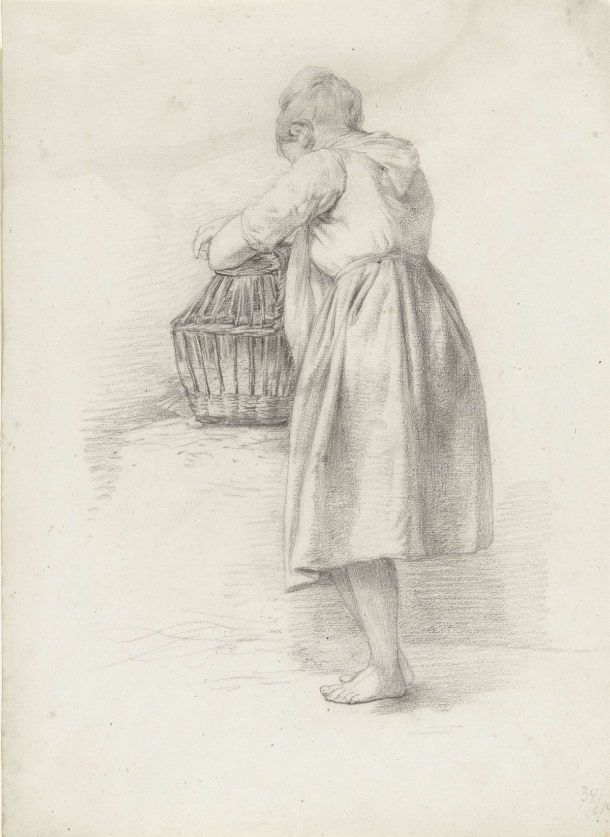 Standing young woman, arms resting on a basket, Abraham Johannes Ruytenschildt, 1820