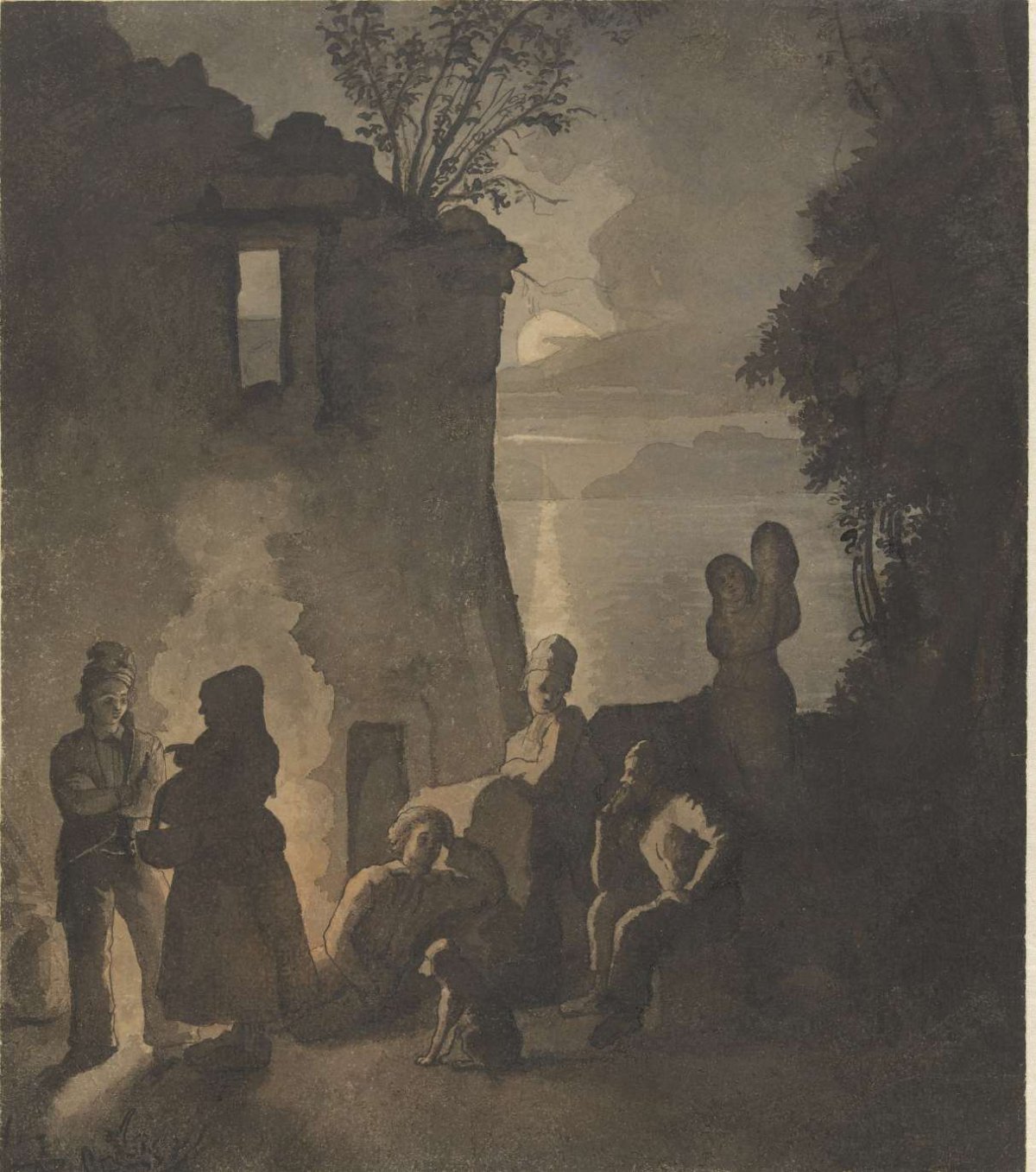 Resting savoyards by a fire on the shore of a lake at night, Johann Conrad Seekatz, 1729 - 1768