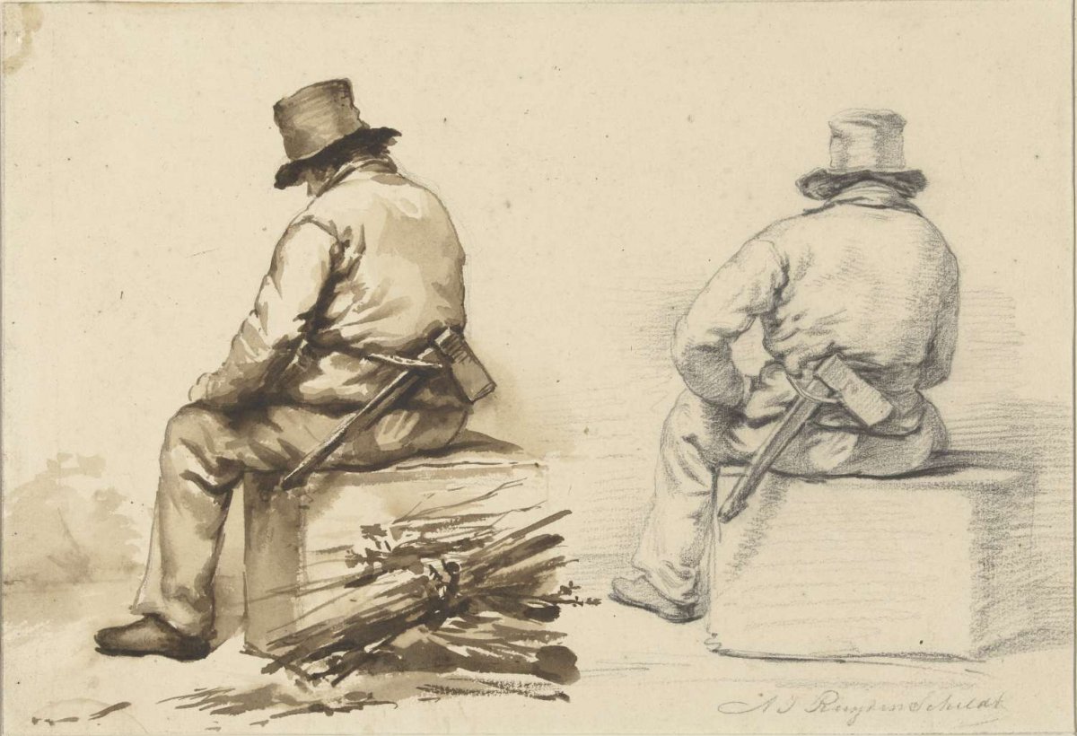 Two studies of a seated lumberjack, Abraham Johannes Ruytenschildt, 1819