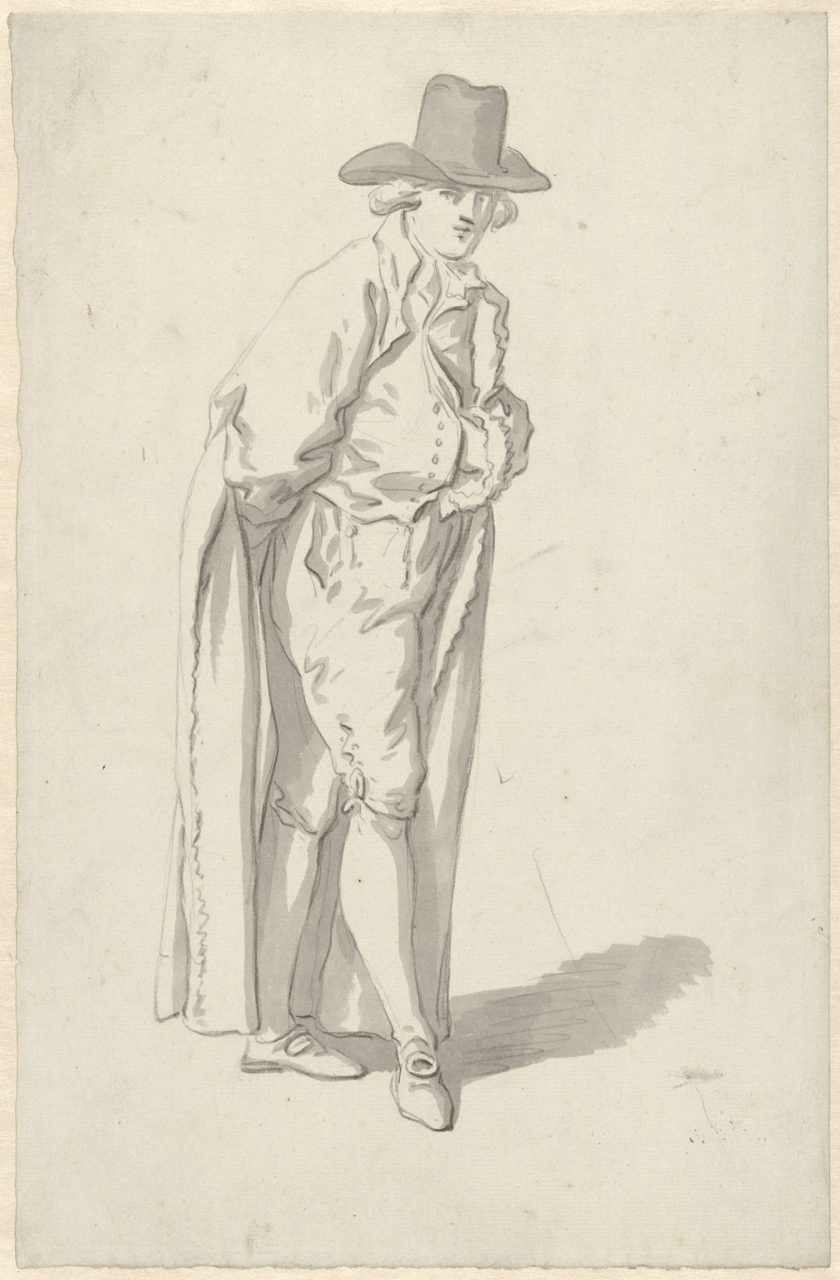 Standing figure in long coat and hat, left hand in his vest, Johannes Ziesenis, 1780 - 1799