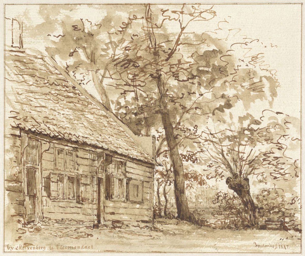 Farmhouse with trees, near Meerenberg in Bloemendaal, Pieter Ernst Hendrik Praetorius, 1847