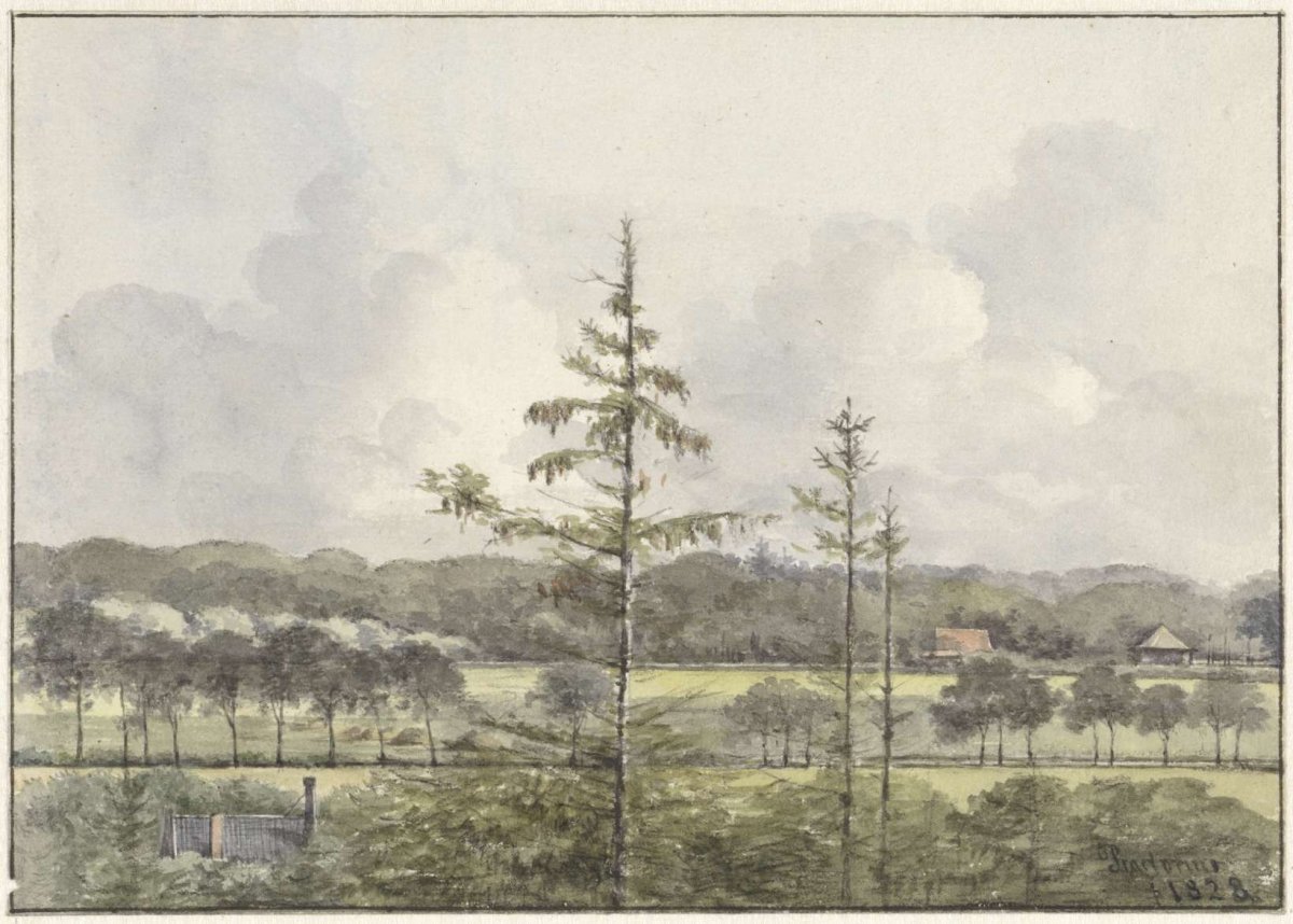 View of meadows with farms, Pieter Ernst Hendrik Praetorius, 1828