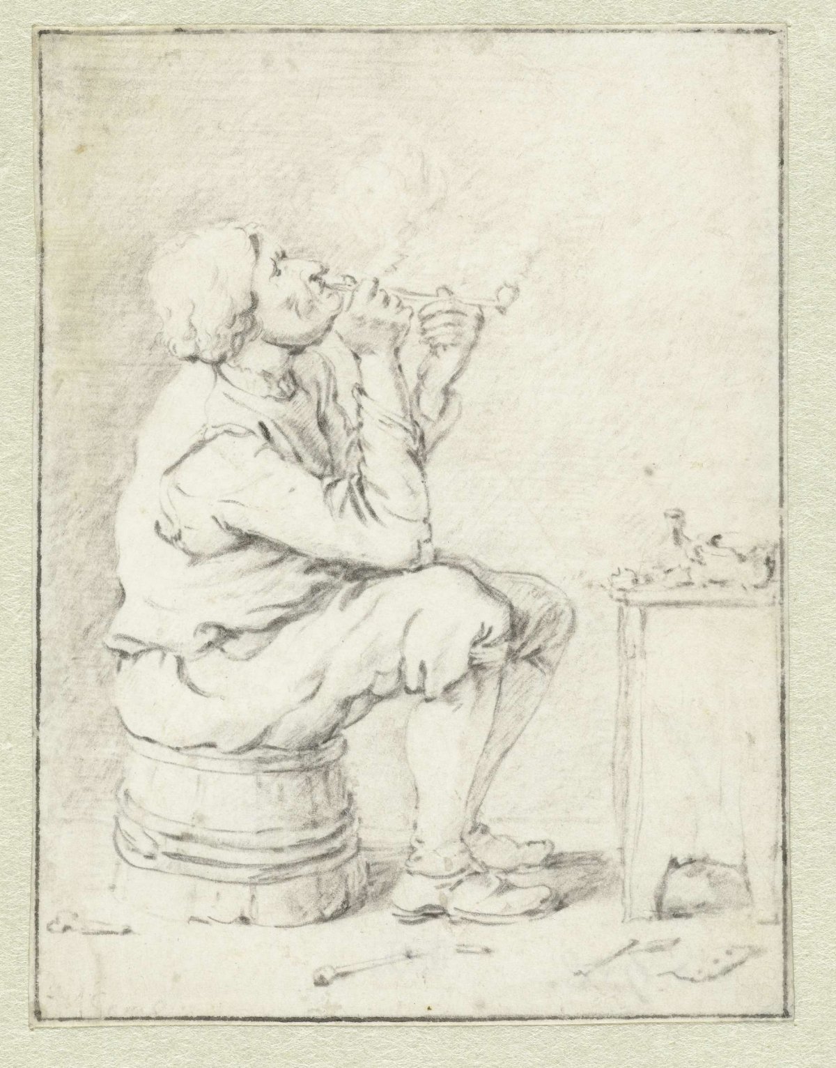 Smoking Peasant, Seated, Facing Right, on an Upturned Half Barrel, Hendrik Potuyl, c. 1637 - c. 1650