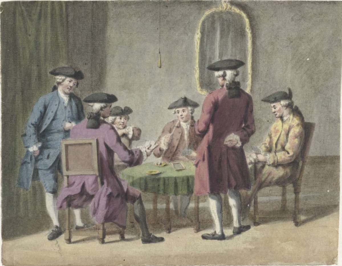 Kaartspelende heren in interieur, Pieter Louw, 1735 - 1800