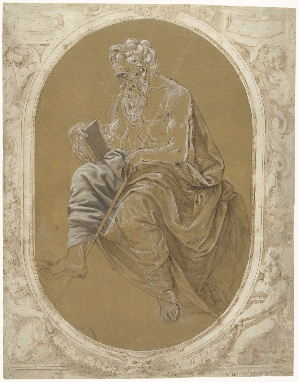 Study for a reading apostle or evangelist, pasted in a frame with putti with cartouches and female figures with festoons, Lorenzo di Credi, c. 1520 - c. 1563