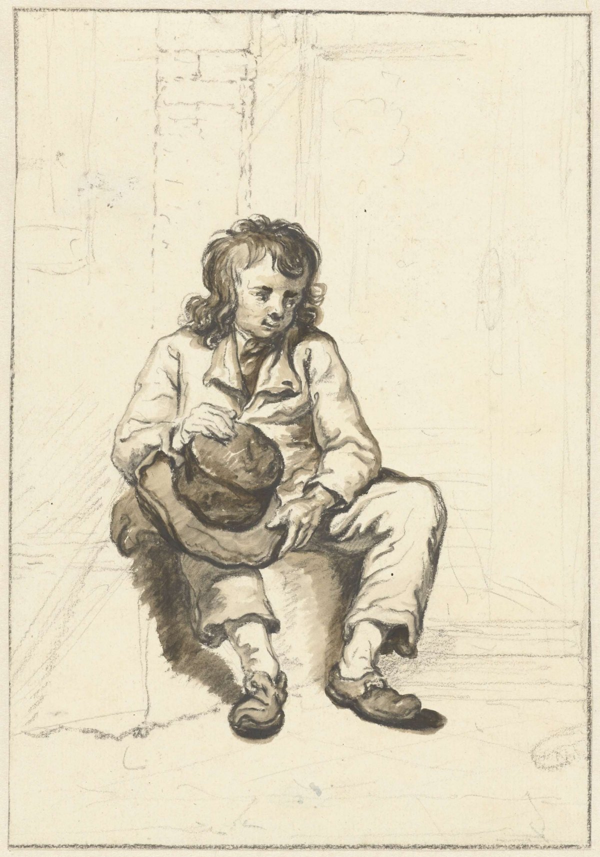 Seated boy with hat on lap at doorway, Abraham van Strij (I), 1763 - 1826